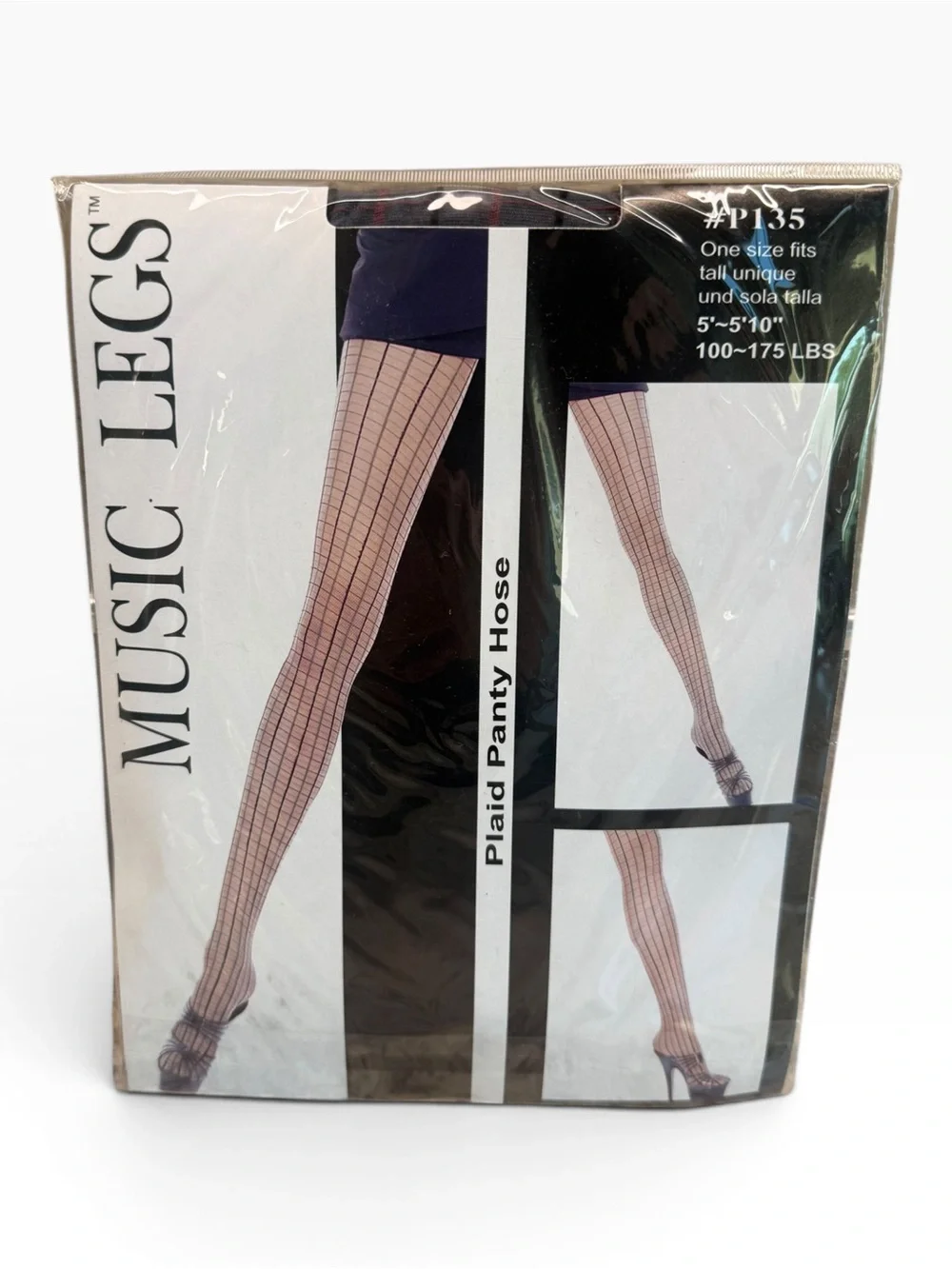 Music Legs Plaid Pantyhose P135 OS Fits 5’-5’10” 100-175lbs Grey/Black/Red